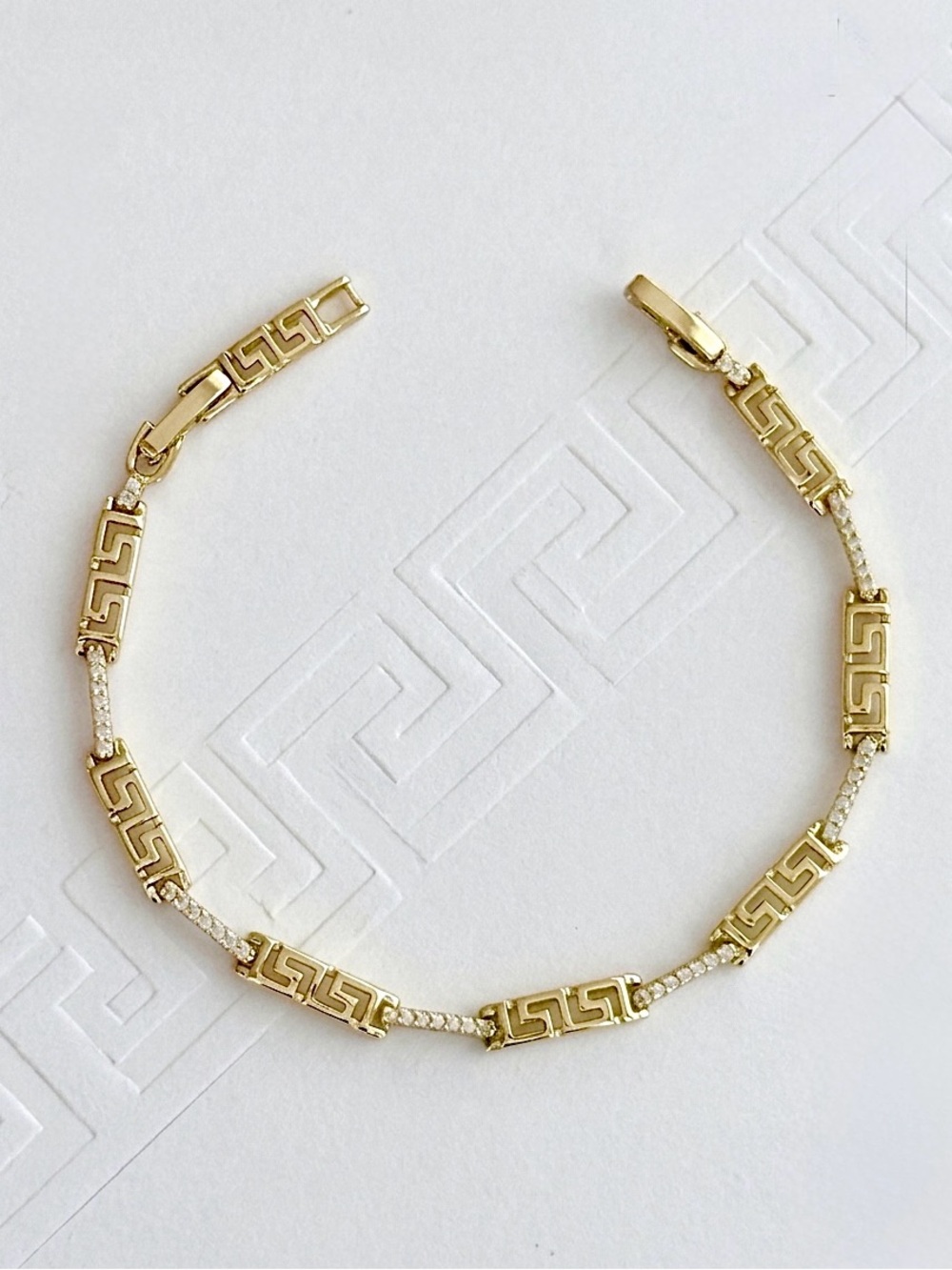14K Gold Plated Greek Key Meander Bracelet with CZ Tennis Link | Dainty Bracelet